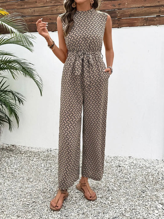 Printed Mock Neck Sleeveless Jumpsuit - Studio ZD - 