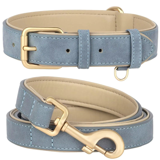 Large - Beirui Soft Padded Leather Dog Collar and Leash Set Heavy Duty Dog Leash and Collar Set with Metal Buckle Breathable Dog Collars with 4FT Leather Dog Leash for Small Medium Large DogsBlueL