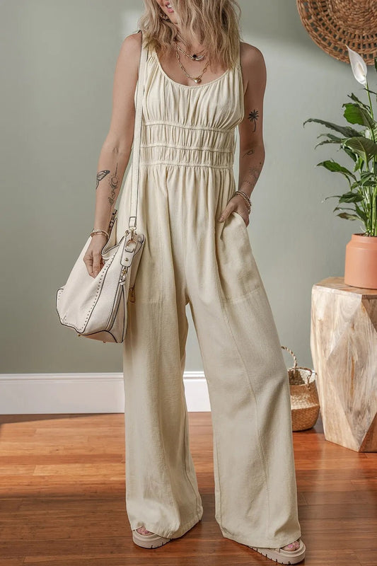 Ruched Sleeveless Wide Leg Jumpsuit - Studio ZD - 