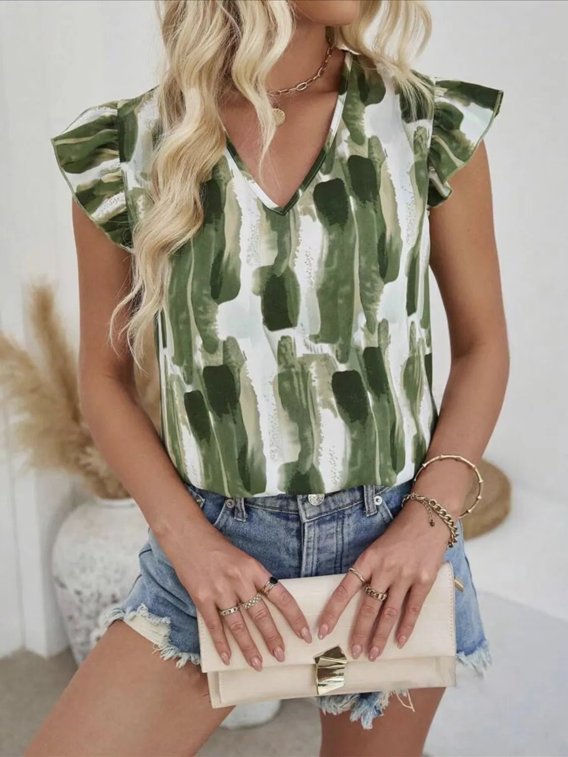 Ruffled Printed V - Neck Cap Sleeve Blouse - Studio ZD - 