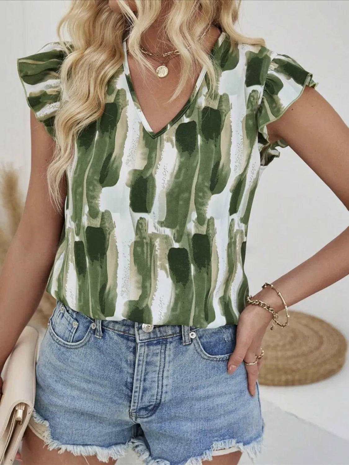 Ruffled Printed V - Neck Cap Sleeve Blouse - Studio ZD - 