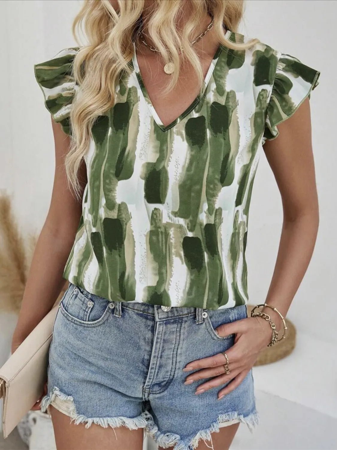 Ruffled Printed V - Neck Cap Sleeve Blouse - Studio ZD - 