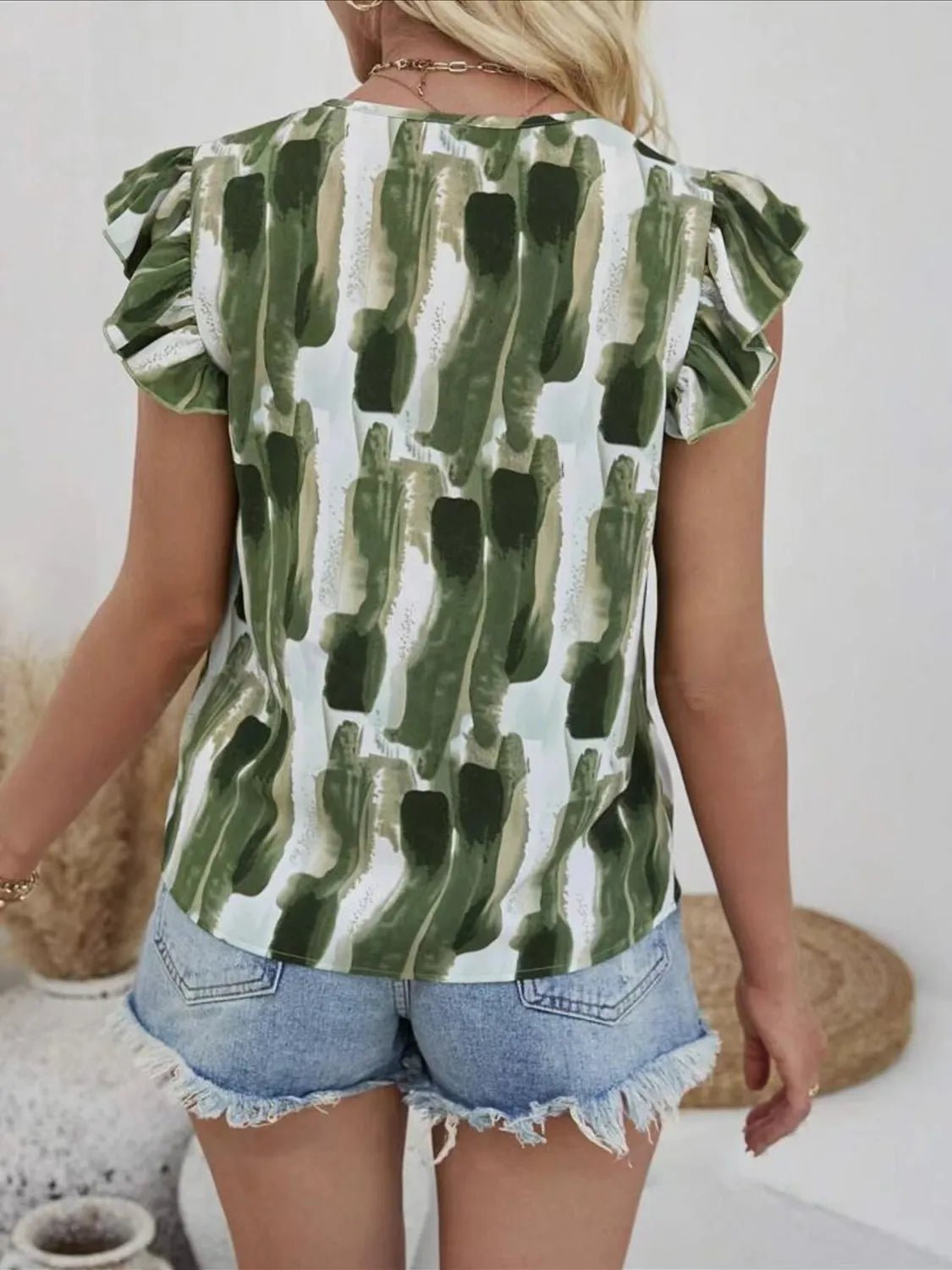 Ruffled Printed V - Neck Cap Sleeve Blouse - Studio ZD - 