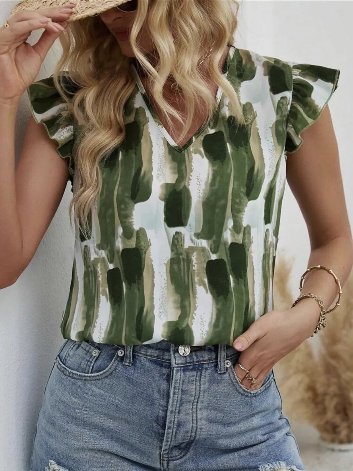 Ruffled Printed V - Neck Cap Sleeve Blouse - Studio ZD - 