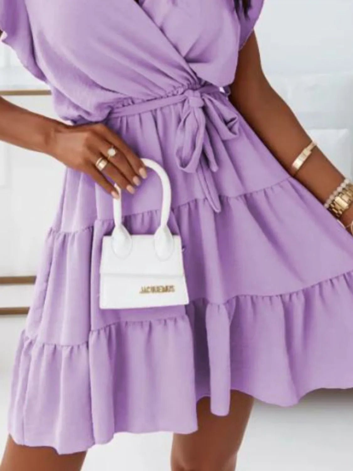 Ruffled Surplice Cap Sleeve Mini Dress - Studio ZD - 