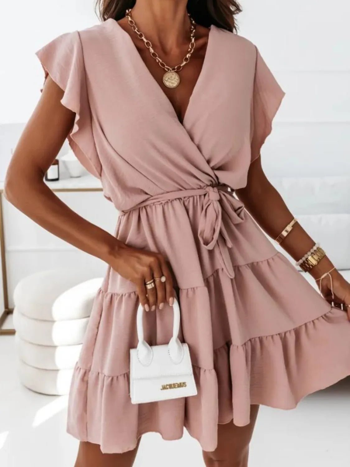 Ruffled Surplice Cap Sleeve Mini Dress - Studio ZD - 