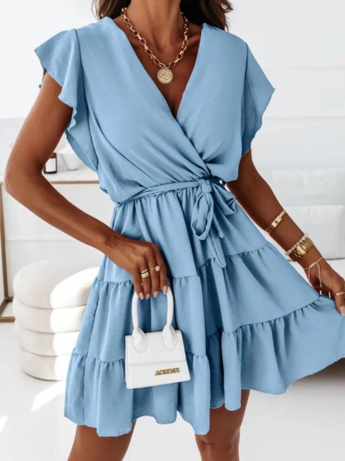 Ruffled Surplice Cap Sleeve Mini Dress - Studio ZD - 