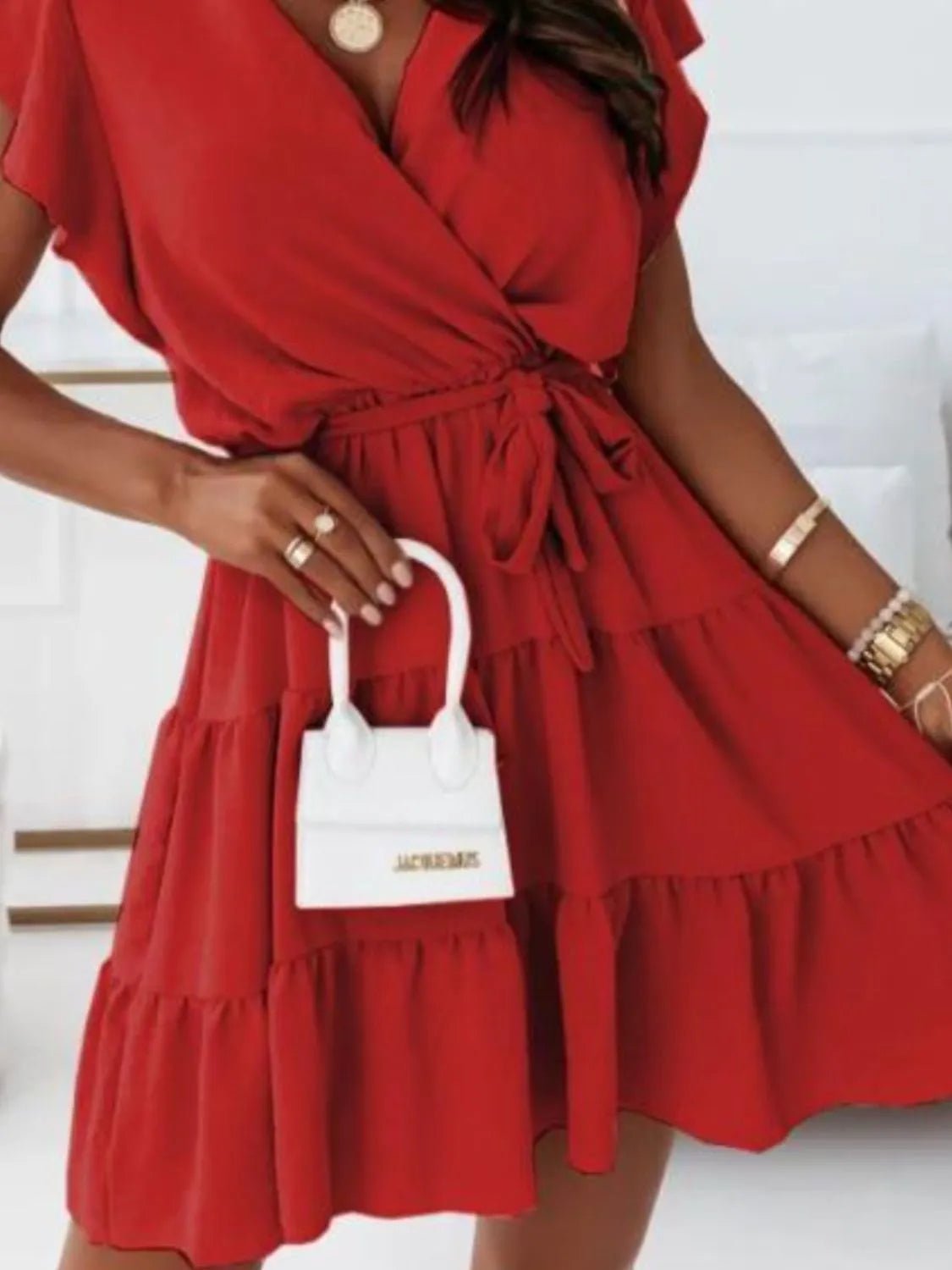 Ruffled Surplice Cap Sleeve Mini Dress - Studio ZD - 