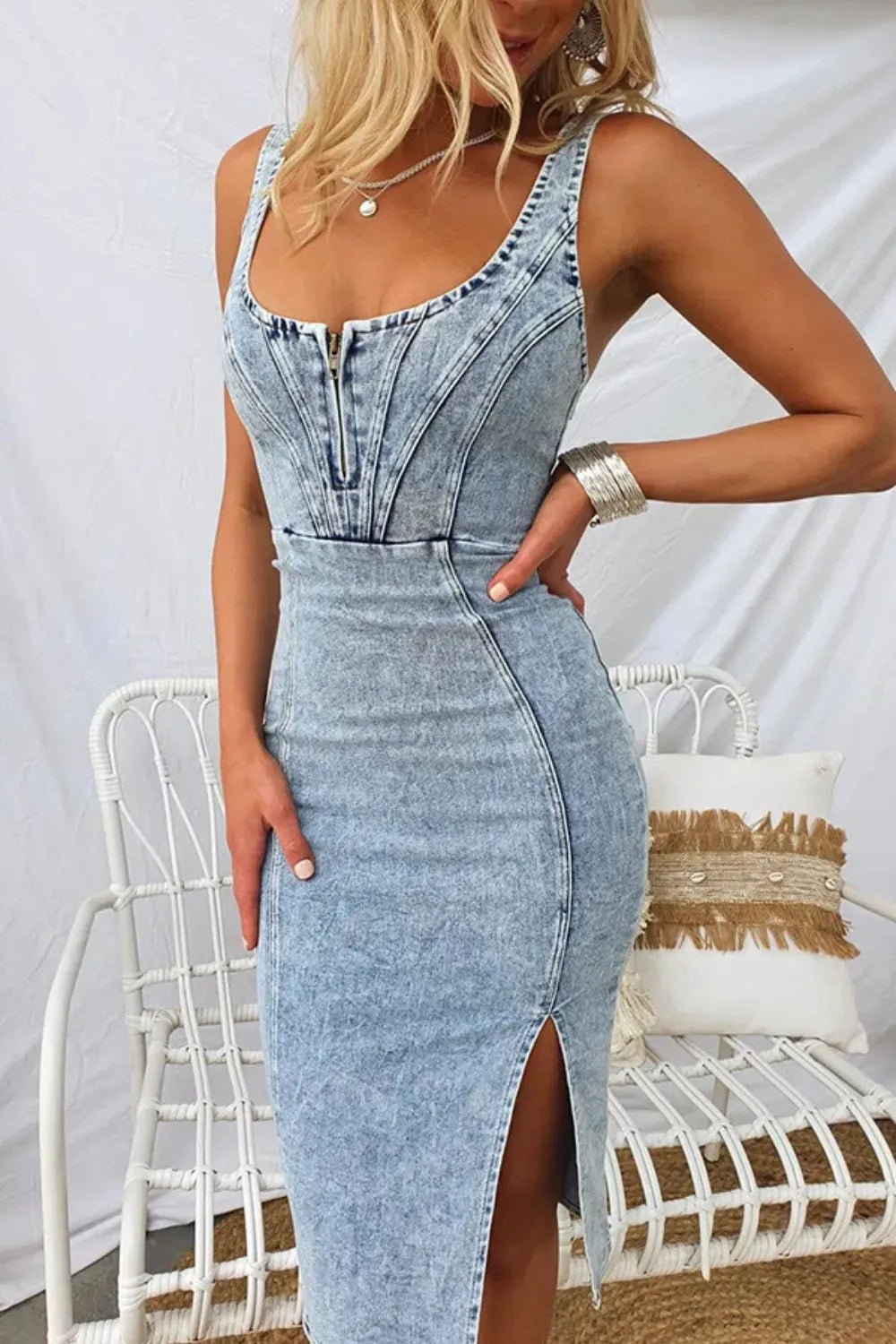 Side Slit Washed Scoop Neck Denim Dress - Studio ZD - 