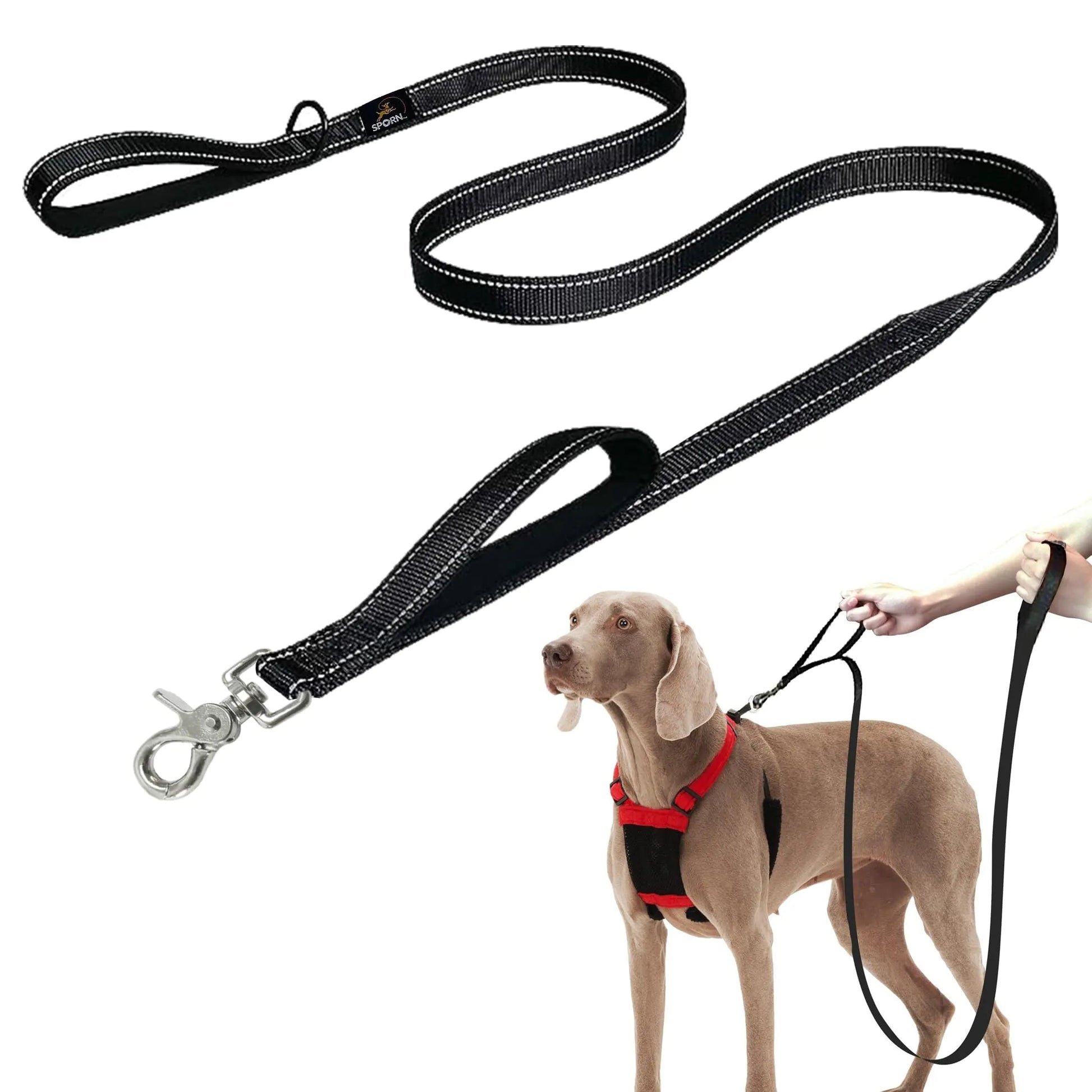 Sporn Double Handle Dog Leash 6ft Training Dog Leash with Two Handles Includes Reflective Strap Two Handle Dog Leash Made in USA Black - Studio ZD - 