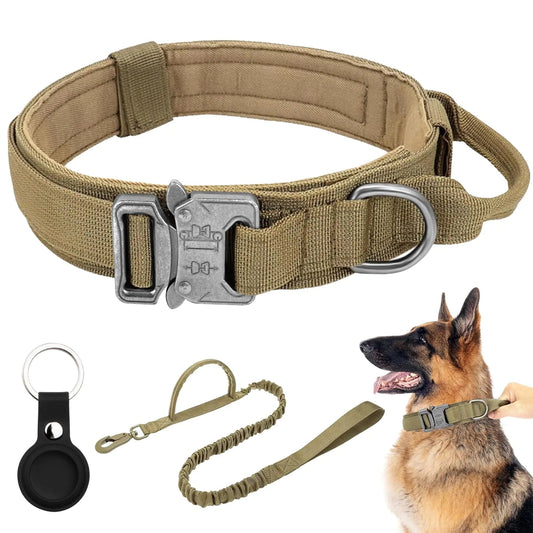 Tactical Dog Collar Adjustable Military Dog Collar Nylon Dog Collar with Control Handle Heavy Metal Buckle for Medium and Large Dogs with Airtags Case(M Brown - Set) - Studio ZD - 