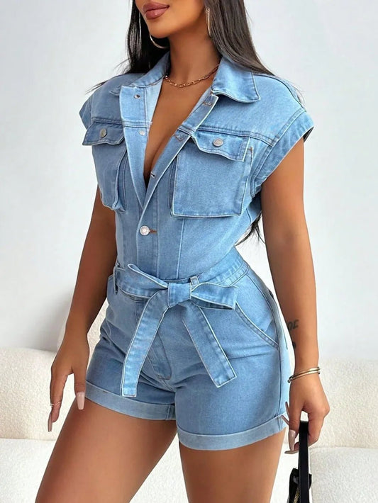 Tie Waist Cap Sleeve Denim Romper - Studio ZD - 