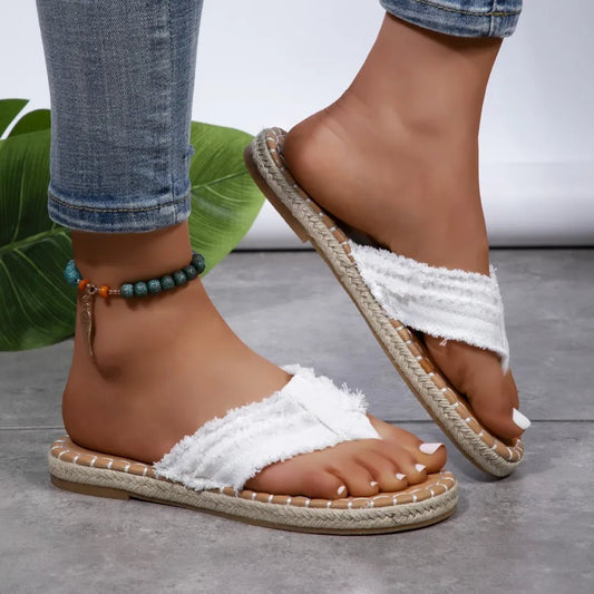Toe Post Raw Hem Flat Sandals - Studio ZD - 