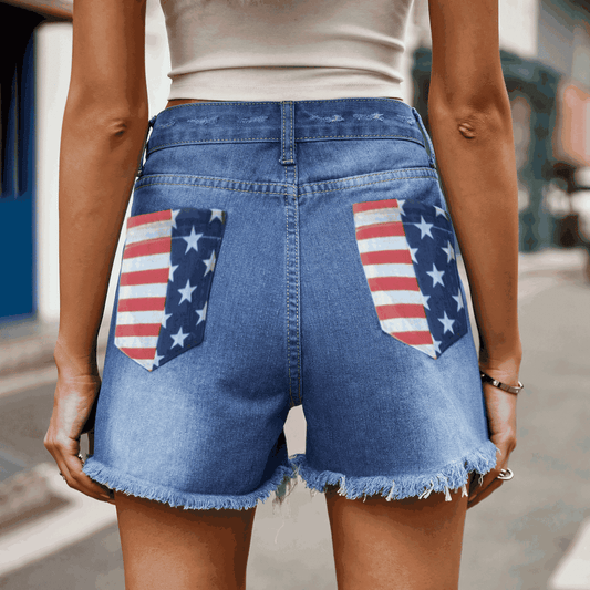 US Flag Distressed Denim Shorts - Studio ZD - 