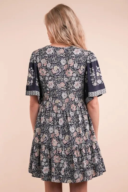 VERY J Shirring Detail Printed Woven Mini Dress - Studio ZD - 