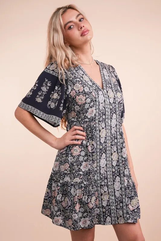 VERY J Shirring Detail Printed Woven Mini Dress - Studio ZD - 