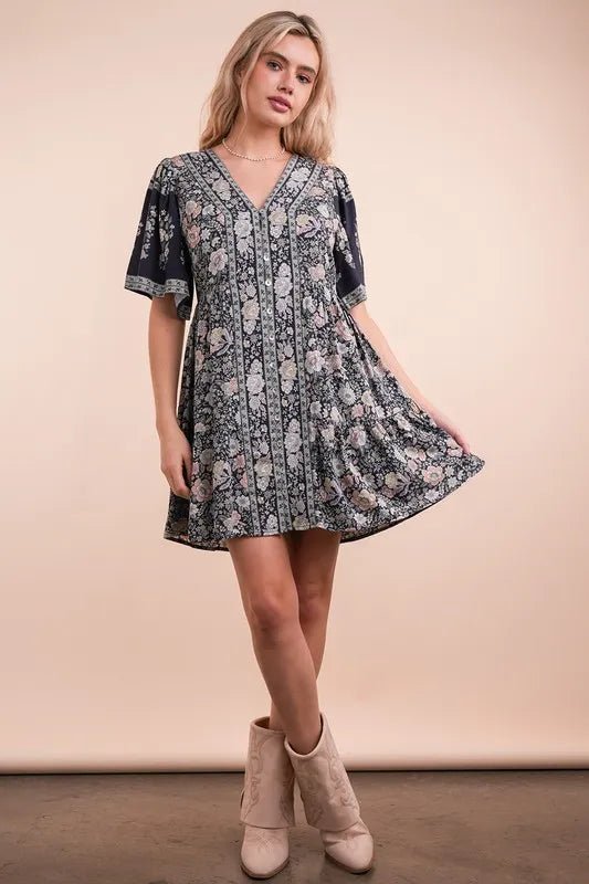 VERY J Shirring Detail Printed Woven Mini Dress - Studio ZD - 