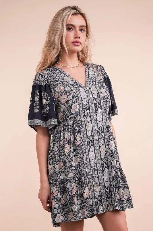 VERY J Shirring Detail Printed Woven Mini Dress - Studio ZD - 