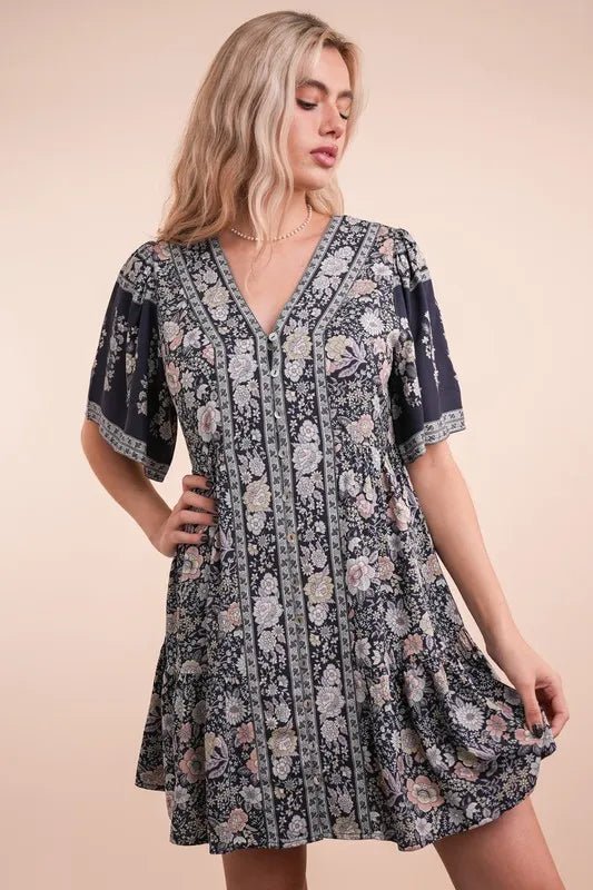 VERY J Shirring Detail Printed Woven Mini Dress - Studio ZD - 