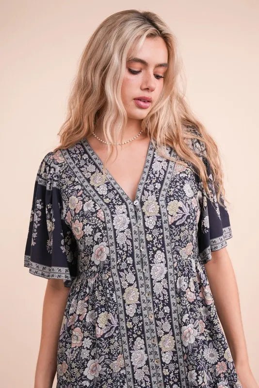 VERY J Shirring Detail Printed Woven Mini Dress - Studio ZD - 